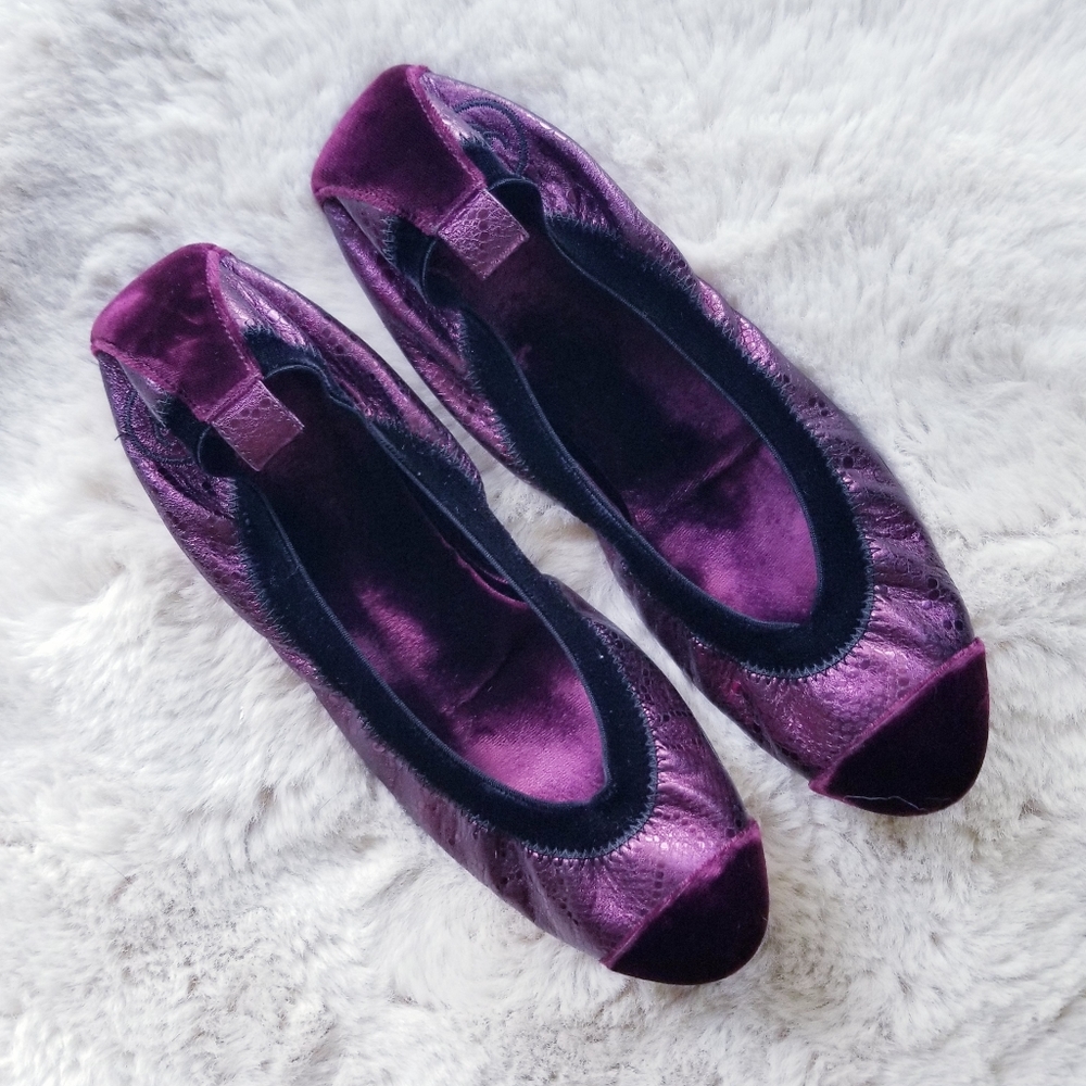 CHANEL Velvet and Metallic Purple Stretch Spirit Flats